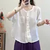 Nueva Camisa de Lino Casual Holgada de Cuello Redondo Color Sólido Elegante Versátil Adelgazante para Mujer