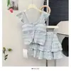 Conjunto de Chaleco y Falda Dulce y Elegante para Mujer, Nuevo Estilo de Verano con Bordes Volantes, Conjunto de Dos Piezas con Falda de Volantes tipo Pastel