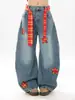 Cinturón de Parches Bordados de Estrellas Retro Americano Jeans para Hombres y Mujeres, Pantalones Rectos de Pierna Ancha de Corte Limpio y Holgado para Parejas