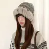 Gorro de Tricô Felpudo de Cores Misturadas Retro Fair Isle Feminino Circunferência de Cabeça Grande Quente Proteção para as Orelhas Gorro de Lã Inverno Gorro Pulôver