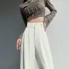 Calça Cinza de Cintura Alta com Fivela Dupla de Perna Larga Feminina Primavera e Outono Solta Emagrecedora Reta Calça Casual Dose