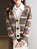 Cardigã Tricotado Listrado Decote V Outono Roupa Curta de Outono para Mulheres Novo Estilo 2025 Casaco Suéter Estilo Outer Estilo Primavera e Outono