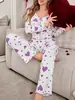 Pijama Europeo y Americano Nuevo Conjunto de Dos Piezas para Mujer Venta Caliente Transfronteriza de Amazon Estampado de Corazones Manga Larga Pantalón Largo Ropa de Casa Europea y Americana