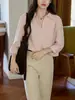 Camisa rosa de lino Tencel Moriiros para mujer, colección de otoño, con cuello camisero, cierre de botones en la parte delantera y diseño de hombros caídos, ofreciendo un look versátil y elegante para el trabajo o el uso casual