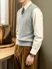 Colete Tricot Gola V Masculino Estilo Britânico Retrô Outono Inverno Cor Sólida Jovem Roupa de Baixo Cardigã de Tricô Sem Mangas