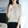 Camiseta Base Adelgazante de Manga Corta con Escote en V Reversible de Punto de Lino Lyocell Calado Nuevo Estilo Verano 2026 para Mujer