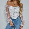 Roupas femininas transfronteiriças europeias e americanas estilo sexy malha transparente bordada flor dupla camada Espinha de peixe manga comprida sutiã 60706