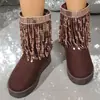 Botines Casuales de Cuero para Mujer con Punta Redonda y Gamuza 2025 Verano y Otoño Nueva Moda Botas con Borlas y Tacones Gruesos Zapatos para Mujer