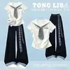 Traje College Estilo 2026 Verão Novo Doce Fofo Estilo Gato de Desenho Animado Camiseta Casual Calça de Perna Larga Conjunto de Duas Peças