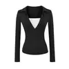 Top moderno com design de peça dupla falsa, camisa POLO, blusa de manga longa para mulheres, blusa base modeladora, top de manga longa feminino para outono