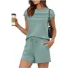 Conjunto de dos piezas para mujer de estilo europeo y americano, camiseta de manga corta con cuello redondo y pliegues en el pecho con shorts de bolsillo con cordón, conjunto casual de dos piezas