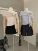 Y.Jia Yijia-Blusa Camiseta Manga Curta Xadrez Ruffle Patchwork Laço Doce Uma Manga 7766