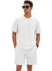 Traje casual de verão masculino para comércio exterior transfronteiriço com top solto de gola redonda, shorts de perna reta com cordão e padrão xadrez pequeno em jacquard
