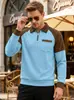 Camisa Polo de Punto Waffle con Cuello y Media Cremallera para Hombre Estación Independiente de Comercio Exterior Talla Grande Bloque de Color Bolsillo de Parche Sudadera Casual