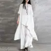 Nuevo conjunto casual de dos piezas de algodón y lino para comercio exterior, talla grande, color liso, top y pantalón largo, holgado y asimétrico, ropa de mujer de moda