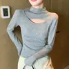 H563 Camiseta base elegante de otoño e invierno para mujer, de cuello medio alto, con diseño único de patchwork calado, manga larga para chicas a la moda