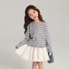Pudding Haru Girls Cárdigan de Punto Rayado 2025 Nuevo Dulce y Lindo Bloque de Color Cuello Redondo Suéter Chaqueta para Niños