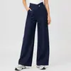 Calça Jeans Casual Longa de Cintura Alta Wide Leg com Malha Irregular e Fivela Diagonal, Tecido Macio com Elasticidade nas Quatro Direções, Estilo Europeu e Americano para Mulheres