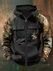 Moletom com capuz e zíper, multi-bolsos, estilo workwear, blocos de cor retrô, para esportes de inverno, masculino, europeu e americano, transfronteiriço, pré-venda