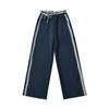 Novo Outono Calça Larga de Renda com Borda Listrada Azul Escuro Solta de Cintura Alta Confortável Esportiva Casual Feminina