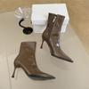 Botines de Tacón Alto 2024 Otoño e Invierno Nuevos Europeos y Americanos Versátiles Punta Afilada Charol Retro Botines Ajustados Stiletto Marrones
