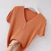 Top de Malha Color Sólida de Verão Novo com Manga Curta Slim Fit Tendência Versátil Moda Camiseta Fina para Mulheres