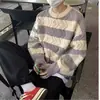 Suéter casual de invierno grueso a rayas jacquard de terciopelo de ciervo, estilo Hong Kong, holgado, con cuello redondo y manga larga, de moda, para adolescentes