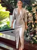 Otoño 2025 Nuevo Diseño de Moda Europea y Americana Transfronterizo Amazon para Mujer Vestido de Color Sólido con Escote en V y Cintura Ceñida