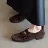 Mocasines vintage de piel de oveja para mujer, punta cuadrada, plisados, tacón grueso, moda 2026, zapatos casuales versátiles de corte bajo