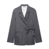 Comércio Exterior Europeu e Americano Transfronteiriço Roupas Femininas Za Aliexpress Venda Quente Cinza Escuro Listrado Vertical Conjunto de Terno com Amarração na Cintura Calças Largas