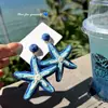 Brincos de Pressão Estrela-do-Mar Azul Tecidos de Palha Exagerados Ondas Costeiras para Mulheres, Brincos Estilo Férias para Sessão de Fotos na Praia, Acessórios de Orelha Sem Furo
