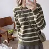 Suéter de tricô listrado casual para mulheres, pulôver de gola redonda, blusa básica afunilada, top macio elegante estilo francês de alta qualidade