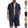 Camisa jacquard de linho de marca independente transfronteiriça com listras verticais, gola de lapela masculina, abotoada, modelagem solta, respirável, camisa casual masculina de manga curta