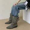 Botas de mujer versátiles con hebilla, botas de motociclista estilo vintage, botines plisados, nuevo modelo 2026, elegantes y sencillas