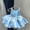 Vestido de Satén con Flor Tridimensional y Tirantes para Niña, Vestido de Princesa Abullonado para la Primera Fiesta de Cumpleaños y Actuación de Bebé, Venta al por Mayor