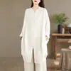 Camisa de Manga Larga de Algodón y Lino de Estilo Casual Retro Artístico, Delgada, Nueva para Primavera y Otoño, con Cárdigan de Botones para Mujer