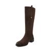 Botas de Cavaleiro de Couro Integral com Fivela de Metal, Cano Largo, 2025, Salto Médio Grosso, Bico Redondo, Camurça, Couro Genuíno, Botas de Cano Alto para Mulheres