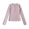 Ap25606-25 Novo Estilo Outono Estilo Europeu e Americano Tencel Manga Longa Gola Redonda Botão Único Simples Básico Camiseta de Base T-Shirt