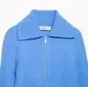 Suéter Casual e Estiloso de Malha com Zíper e Gola Lapela Caimento Solto 2026 Primavera Novo Cardigã de Tricô Simples e Elegante Azul