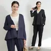 Traje Informal de Moda Elegante Japonés Nuevo Versión A Perfil de Dobladillo de Loto Chaqueta de Manga Larga Pantalones Informales Color Sólido