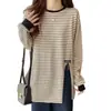 Camiseta de Manga Larga Rayada Versátil de Algodón Puro con Botones en la Espalda, Prenda Base para Mujer, Sudadera de Longitud Media para Primavera y Otoño