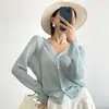 ¡Ligero y transpirable con una sensación fresca! Cárdigan de punto hueco con mangas de campana y protección solar en Tencel y lino con cuello en V para mujer, Verano H051519