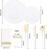 Conjunto de louça descartável para 25 pessoas: pratos de plástico rígido PS com acabamento preto e dourado, pratos brancos, taças de vinho e um conjunto de facas, garfos e colheres