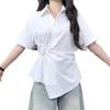 Camisa Polo Adelgazante de Cintura Irregular Verano 2025 Estilo Coreano Hombro Derecho Manga Corta Diseño Color Puro Nuevo Top