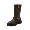 Botas de caballero cómodas de estilo británico con suela gruesa de 5.5CM, nuevo modelo otoño e invierno 2026, puntera redonda, tacón grueso, hebilla de cinturón, botas estilo Martin para mujer