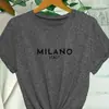 Camiseta Estampada con Letras de Milán, Top Casual de Cuello Redondo y Manga Corta, Adecuada para Usar en Primavera y Verano, Ropa para Mujer