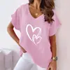 Camiseta informal de verano 2023 transfronteriza popular europea y americana de Amazon para pareja con estampado de amor, cuello en V, algodón y lino, manga corta de murciélago para mujer