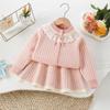 Conjunto de Suéter Infantil Outono e Inverno Novo Gola de Renda Saia Tricotada com Renda Cardigã de Manga Longa Estilo Coreano para Bebê Menina