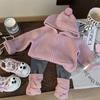 Roupas Infantis Estilo Coreano 2026 Novo Outono Conjunto de Duas Peças para Meninas: Cardigan de Tricô com Capuz e Calça Legging Color Block