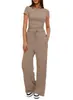 Traje Casual de Dos Piezas para Mujer Exportación Europea y Americana 2025 Amazon Tops de Manga Corta Pantalones de Pierna Ancha de Cintura Alta Ropa Deportiva